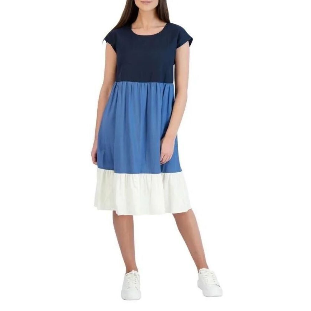 52Seven Blue Color Block Linen Blend Dress Pockets Large